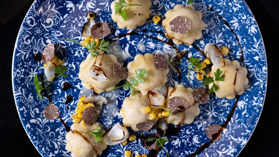 Ravioli with summer truffle, corn, ricotta, pearl onions and aged balsamic. - Credit: Photo: courtesy Galdones Photography