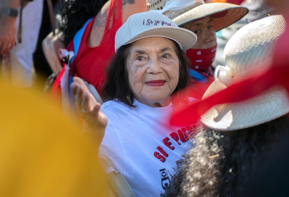 UFW founder Dolores Huerta attends a rally for UFW marchers at Constitution Park in Stockton. The marchers stopped in Stockton for a rally while on a 24-day, 335-mile trek from Delano to the State Capitol in Sacramento to encourage Gov. Gavin Newsom to sign Assembly Bill 2183, or the Agricultural Labor relations Voting Choice Act. 
