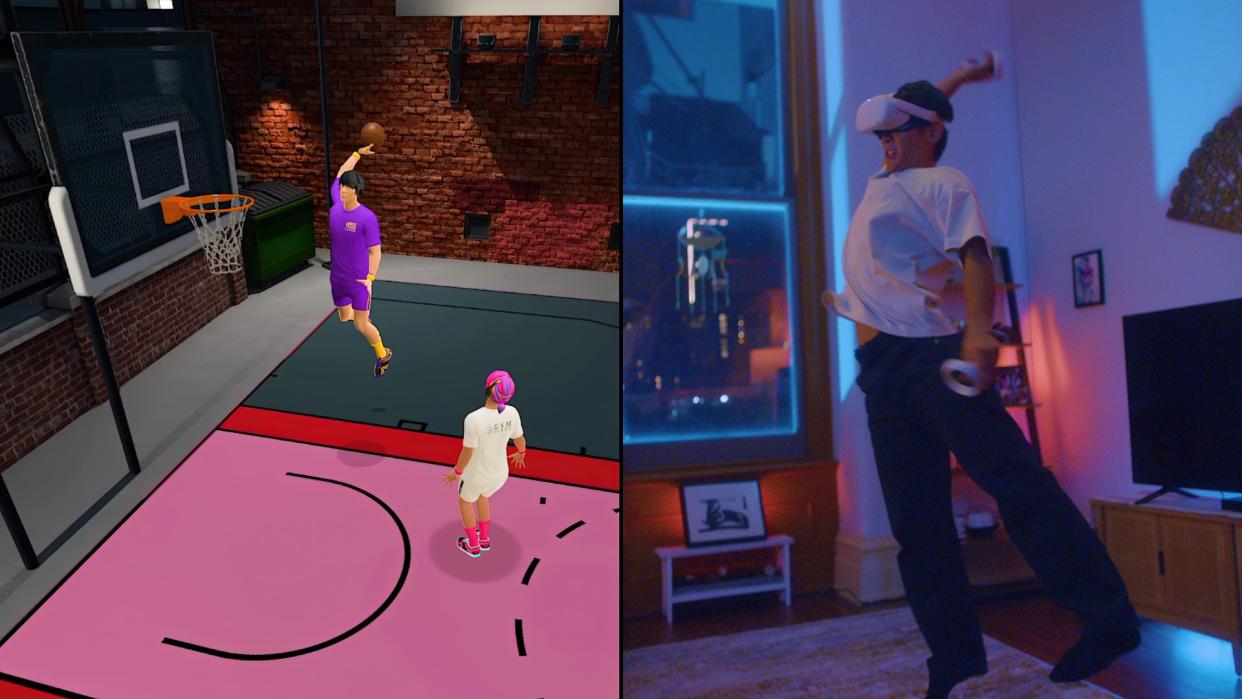  A screenshot from Gym Class Basketball VR next to an image of a person playing the game. 