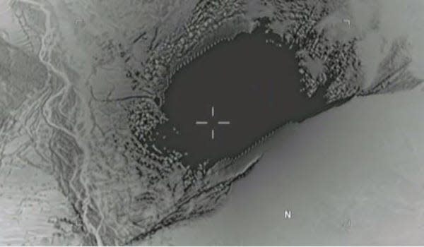 An image from aerial footage of a GBU-43/B bomb striking an ISIS-K cave and tunnel systems in the Achin district of the Nangarhar Province in eastern Afghanistan, April 13, 2017.