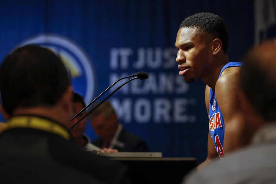 Florida's Kerry Blackshear Jr. speaks during the Southeastern Conference NCAA college basketball media day, Wednesday, Oct. 16, 2019, in Birmingham, Ala. (AP Photo/Butch Dill)