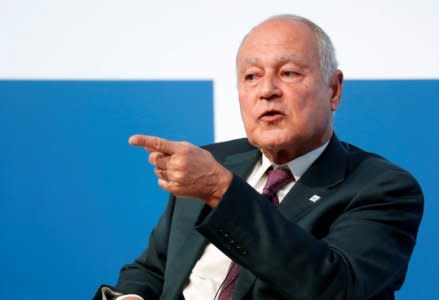 FILE PHOTO: Ahmed Aboul Gheit, Arab League's secretary general, gestures as he speaks at the Rome Mediterranean summit MED 2018 in Rome, Italy November 22, 2018. REUTERS/Max Rossi