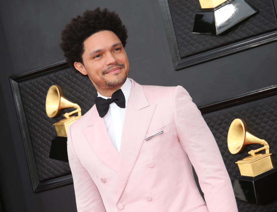 Apr 3, 2022; Las Vegas, NV, USA; Trevor Noah arrives at the 64th Annual Grammy Awards at the MGM Grand Garden Arena in Las Vegas.. Mandatory Credit: Dan MacMedan-USA TODAY ORG XMIT: USAT-486348 (Via OlyDrop)