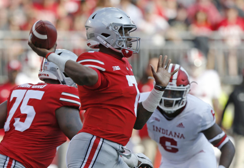 Ohio State quarterback Dwayne Haskins throws a pass against Indiana during the first half of an NCAA college football game Saturday, Oct. 6, 2018, in Columbus, Ohio. (AP Photo/Jay LaPrete)