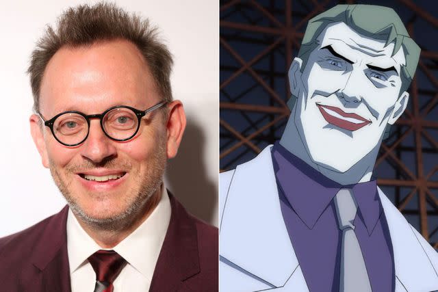 Walter McBride/WireImage; DC Comics Michael Emerson on the red carpet; Michael Emerson voicing the Joker in 'Batman: The Dark Knight Returns,' 2012