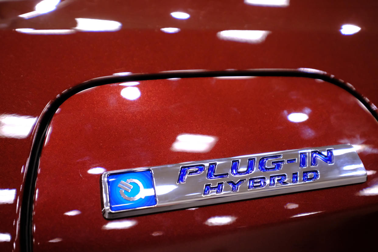 A Toyota Prius plug-in hybrid logo is pictured at the Portland International Auto Show in Portland, Ore., on January 28, 2018. (Photo by Alex Milan Tracy/Sipa USA)