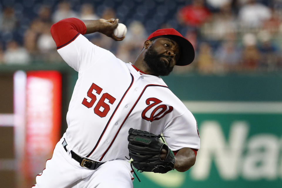 Washington Nationals relief pitcher Fernando Rodney throws to the Colorado Rockies in the ninth inning of a baseball game, Thursday, July 25, 2019, in Washington. Colorado won 8-7. (AP Photo/Patrick Semansky)