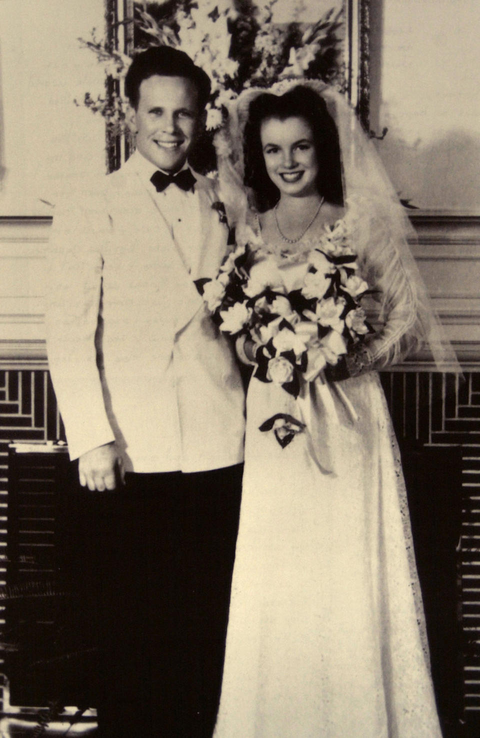 Jim Dougherty and Norma Jeane Baker on their wedding day in June of 1942. (Jill Brady / Portland Press Herald via Getty Images)