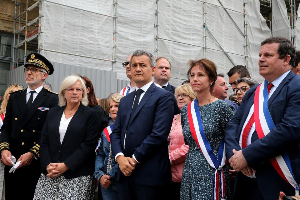 France’s interior minister Gerald Darmanin and local officials take part in a nationwide action in Reims, northern France, on 3 July 2023 (AFP via Getty Images)