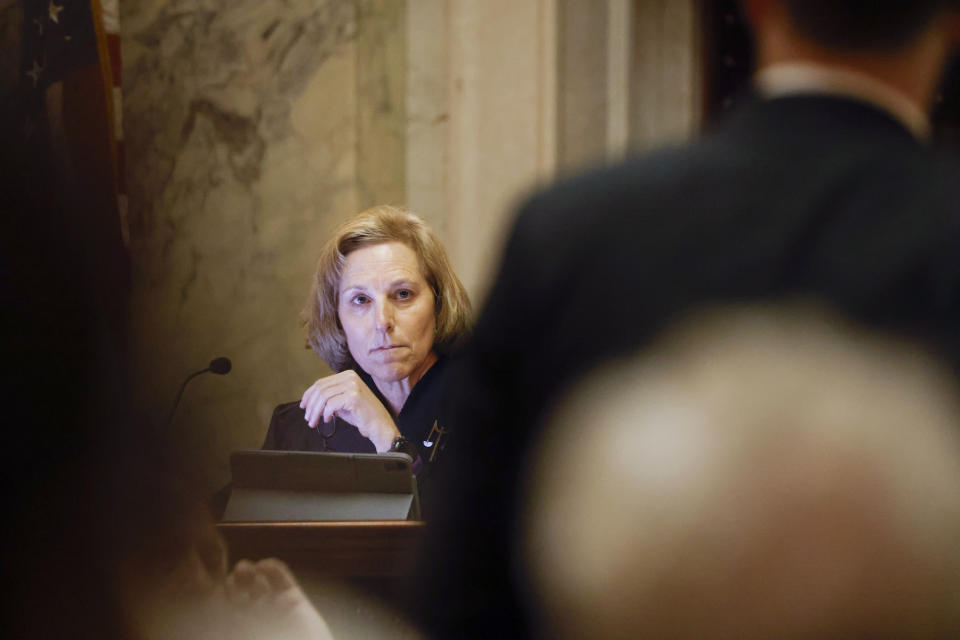 Wisconsin Supreme Court Justice Jill J. Karofsky listens to arguments during a redistricting hearing at the Wisconsin state Capitol Building in Madison, Wis., on Tuesday, Nov. 21, 2023. (Ruthie Hauge/The Capital Times via AP, Pool)