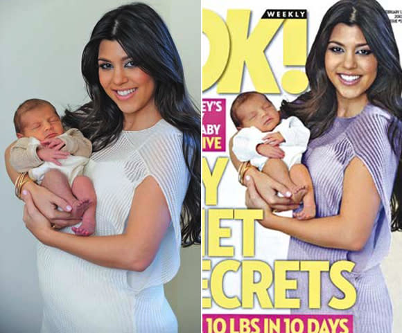 <div class="caption-credit"> Photo by: officialkourtneyk.celebuzz.com and OK!</div><b>Kourtney Kardashian</b> <br> Kim's sister was photographed for OK! one week after giving birth to her son Mason in December 2010. In order to sensationalize her amazing post-baby body, the magazine airbrushed out her entire belly. "They doctored and Photoshopped my body to make it look like I have already lost all the weight, which I have not," Kourtney told Women's Wear Daily at the time. She then published the original photo on her blog where she looks like a happy and healthy new mom.