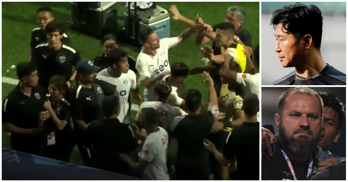 Lion City Sailors head coach Kim Do-hoon (top right) and Tampines Rovers assistant coach Mustafic Fahrudin (bottom right) were fined and banned for three matches for violent conduct amid scuffles during the sides' SPL match on 24 July 2022. (PHOTO/SCREENSHOTS: Lion City Sailors/YouTube)