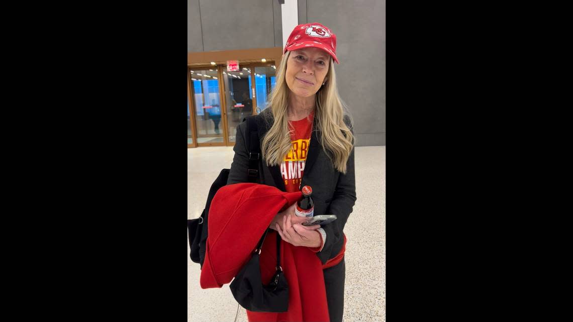 Rebecca Earp of Kansas City took the last flight out of the old terminal at Kansas City International Airport and flew back into the new one after it opened Tuesday morning.