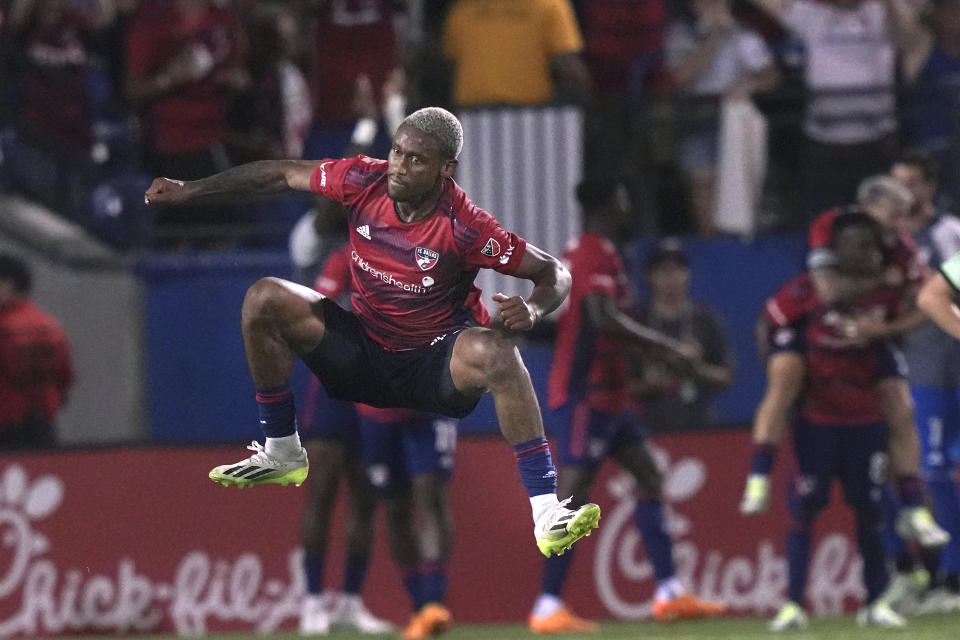 FC Dallas defender Nkosi Tafari jumps after his goal during the second half of the team's MLS soccer match against Austin FC on Saturday, Aug. 26, 2023, in Frisco, Texas. (AP Photo/LM Otero)