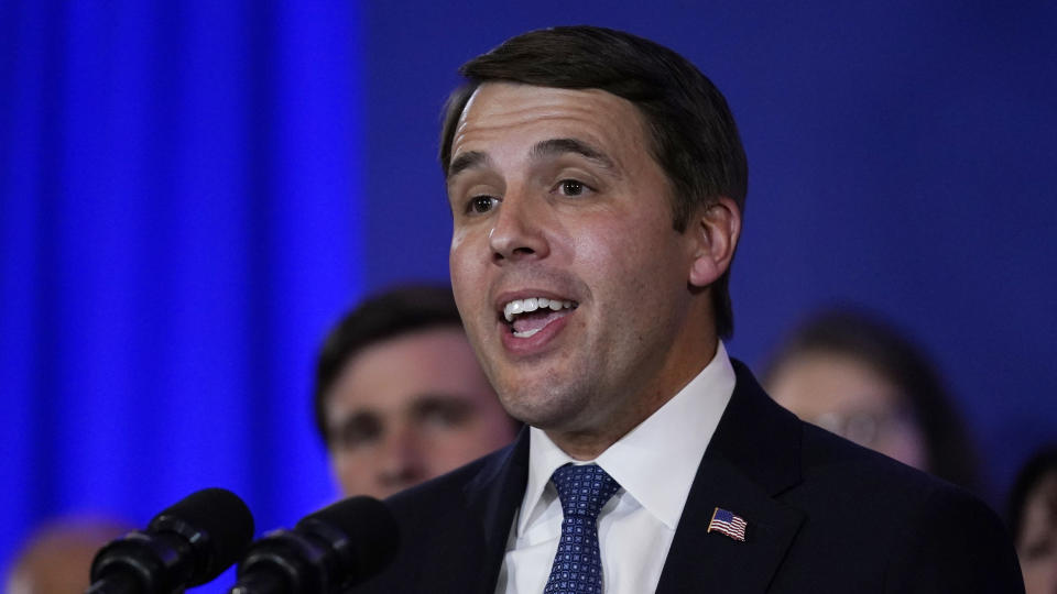 Rep. Chris Pappas, D-N.H., addresses supporters at an election night gathering, Tuesday, Nov. 8, 2022, in Manchester, N.H. Pappas faced Republican Karoline Leavitt in his re-election race. (AP Photo/Charles Krupa)