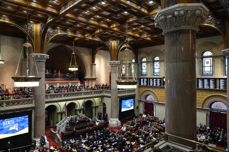 New York Governor Kathy Hochul speaks during the State of the State address in Albany, N.Y., Tuesday, Jan. 9, 2024. The Democrat outlined her agenda for the ongoing legislative session, focusing on crime, housing and education policies. (AP Photo/Seth Wenig)