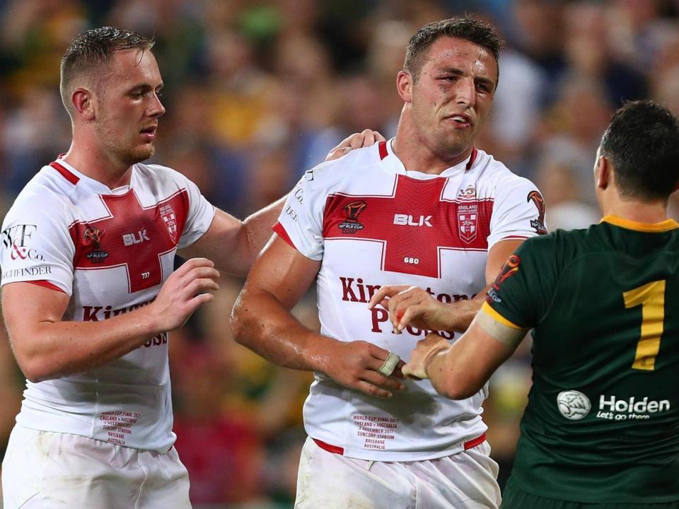 Sam Burgess squares up to Billy Slater in the dying seconds of the match (Getty)