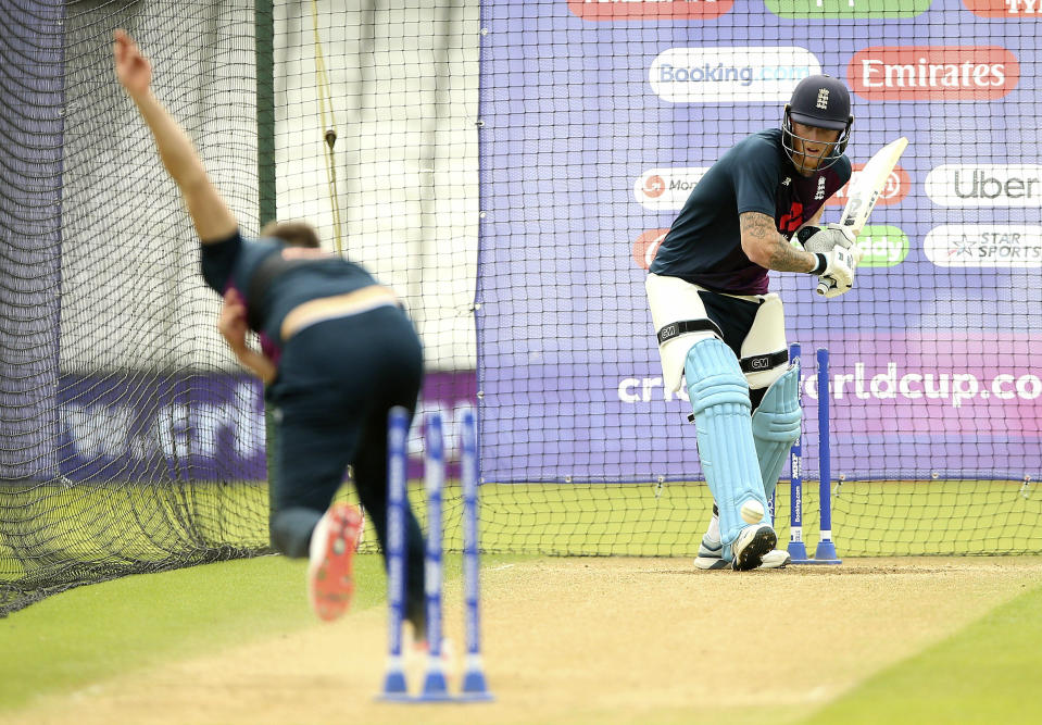 England's Ben Stokes, right, prepares to batt during a training session at The Oval, London, during the ICC Cricket World Cup, Wednesday, May 29, 2019. (Nigel French/PA via AP)