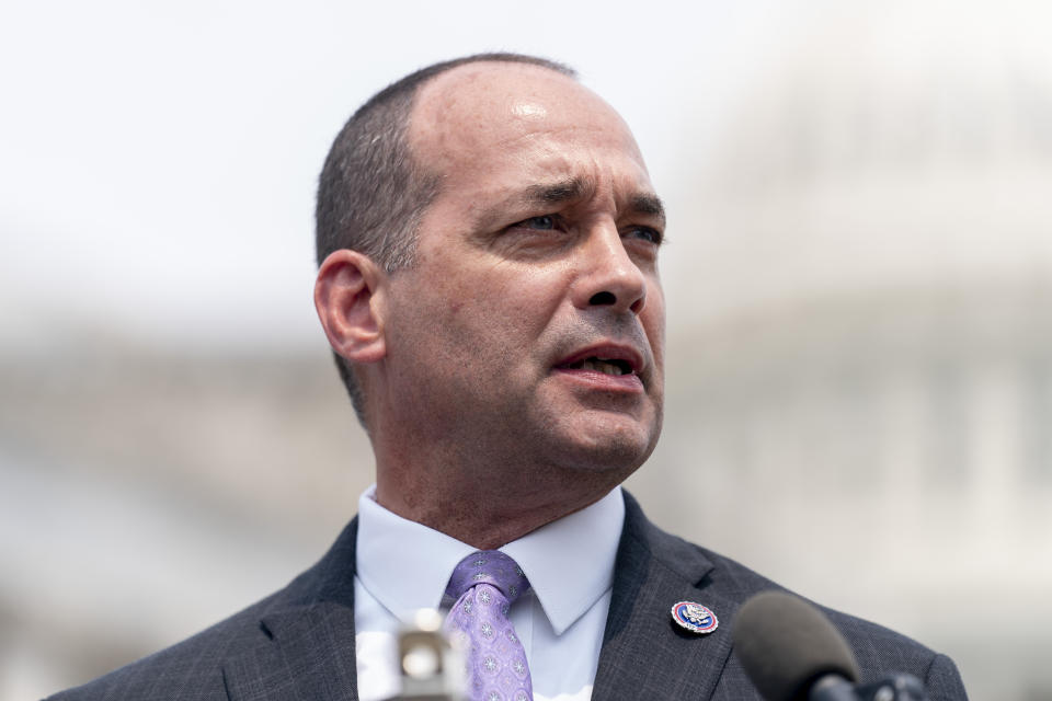 FILE - Rep. Bob Good, R-Va., speaks at a news conference held by members of the House Freedom Caucus on Capitol Hill in Washington, July 29, 2021. On Monday, July 2, 2024, The Associated Press said the winner of the Republican primary in the state's 5th Congressional District, between Good and Sen. John McGuire, was still too close to call. (AP Photo/Andrew Harnik, File)