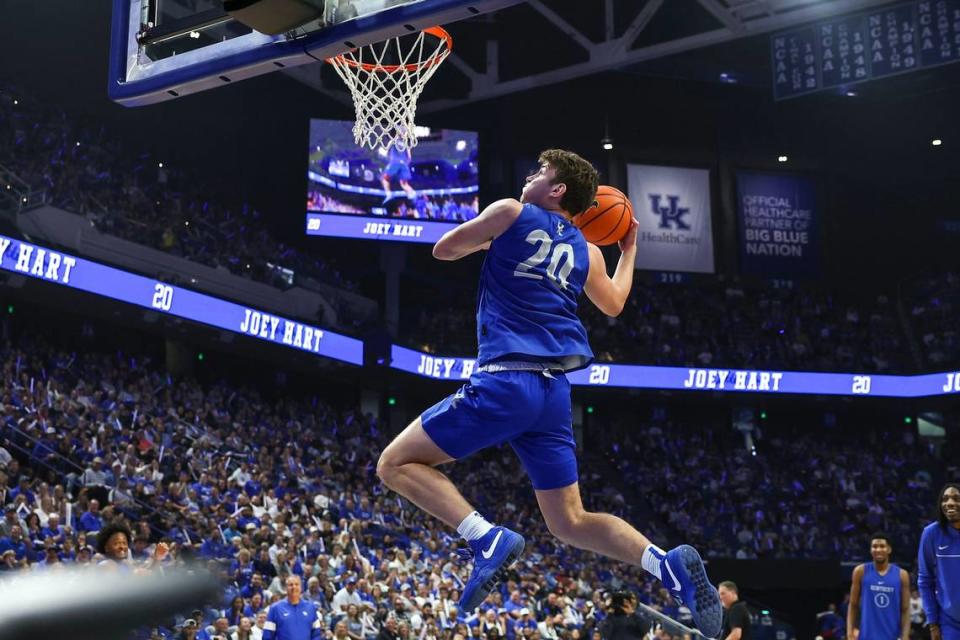 Kentucky freshman guard Joey Hart (20) won the dunk contest at this season’s Big Blue Madness. “I think even my teammates, I think they were surprised,” Hart says of the reaction to his slam dunk contest victory.