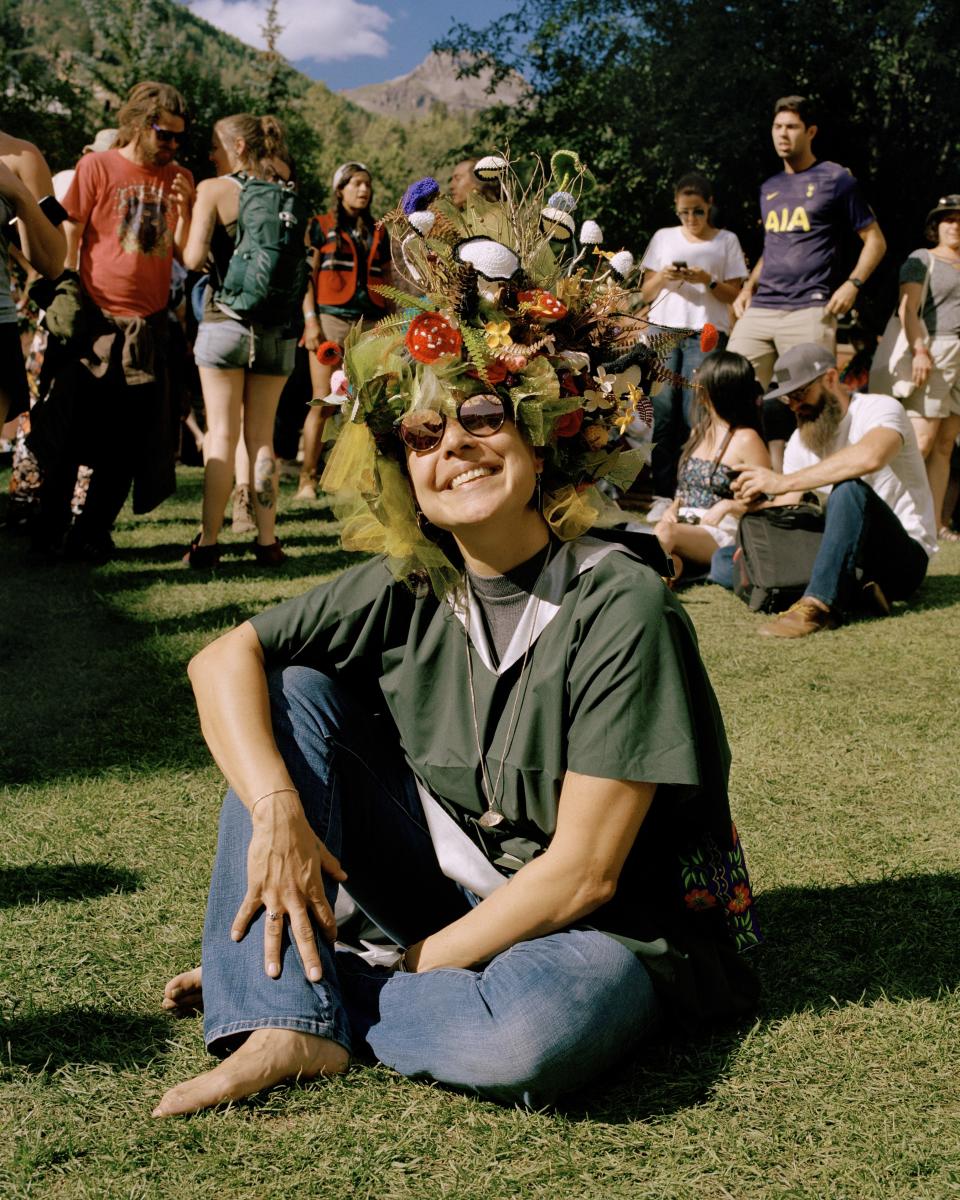 Giuliana Furci, Chile’s first female mycologist, works with her foundation to enact environmental policy changes and teach people about mycology. She also leads forays around the world. “My biggest passion is to go where nobody has been before to see what fungi there are,” she said. A friend from Southern Chile made her headpiece