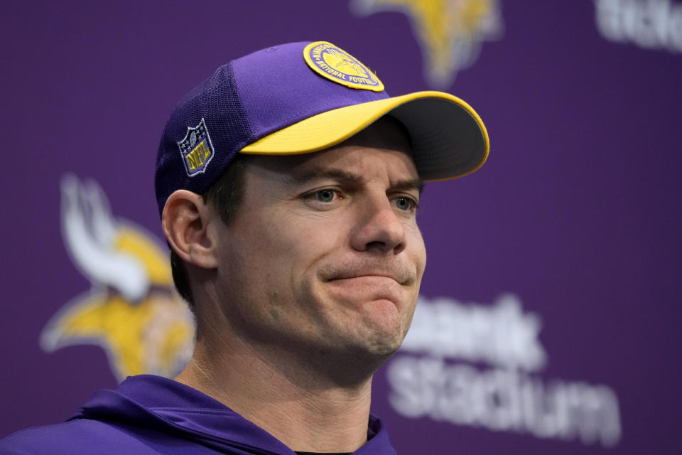 Minnesota Vikings head coach Kevin O'Connell speaks during a news conference after an NFL football game against the Chicago Bears, Monday, Nov. 27, 2023, in Minneapolis. The Bears won 12-10. (AP Photo/Abbie Parr)