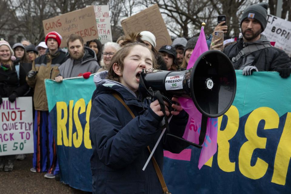 Maggie Schoenbaum, 12, speaks about abortion rights during the Women's March, which largely focused on abortion rights, in front of the White House in Washington, Sunday, Jan. 22, 2023. (AP Photo/Amanda Andrade-Rhoades)