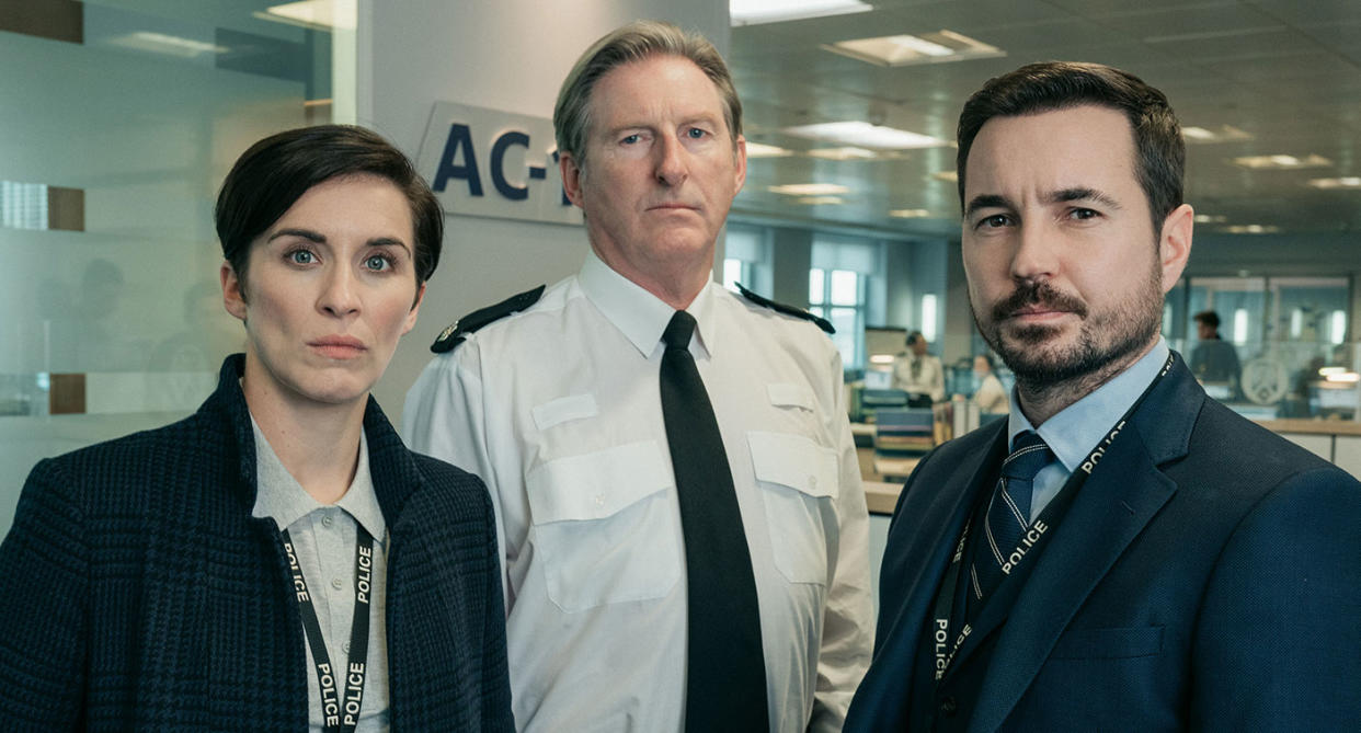 Vicky McClure, Adrian Dunbar and Martin Compston in Line Of Duty. (BBC)