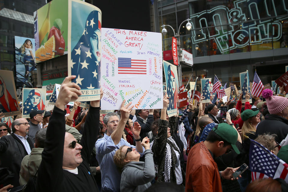 <p>Participants with signs chant at the “I am a Muslim too” rally at Times Square in New York City on Feb. 19, 2017. (Gordon Donovan/Yahoo News) </p>