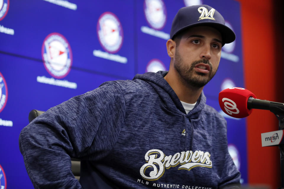 Milwaukee Brewers pitcher Gio Gonzalez speaks during a media availability after he was recently acquired in a trade with the Washington Nationals at Nationals Park, Friday, Aug. 31, 2018, in Washington. (AP Photo/Alex Brandon)