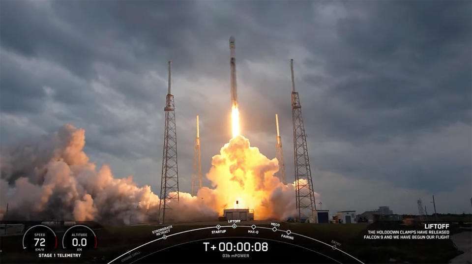 A SpaceX Falcon 9 rocket blasts off from the Cape Canaveral Space Force Station carrying two broadband relay satellites, the third and fourth launched by the California rocket builder for Luxembourg-based SES. / Credit: SpaceX