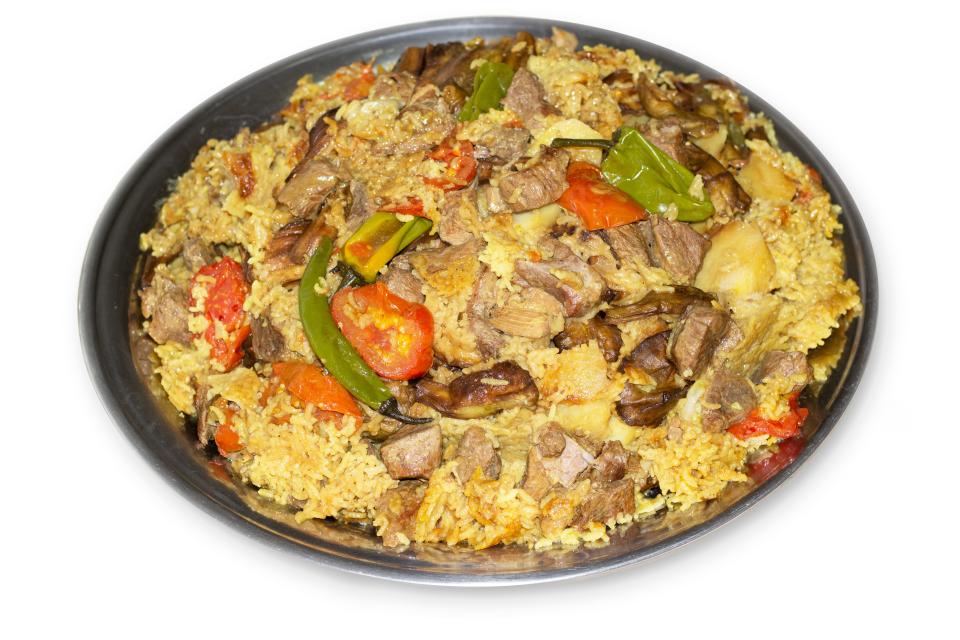 Maqluba or Maqlooba is a traditional Syrian, Iraqi, Palestinian, and Jordanian dish served throughout the Levant. It consists of meat, rice, and eggplant placed in a pot that is flipped upside down.
