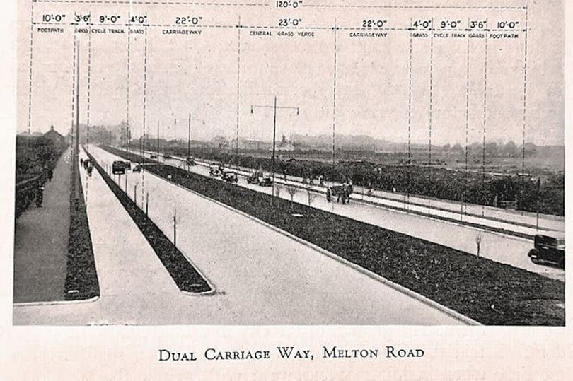 An image from the 1930s showing the layout of the Melton Road dual carriageway, featuring clearly segregated spaces for pedestrians, cyclists and drivers -Credit:Leicester City Council