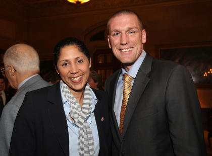 OTTAWA, CANADA - MARCH 11: Steffi Jones, Organising Committee President's of Women's World Cup 2011 poses with Jason De Vos (R), former Canadian Men's National Team Captain during the FIFA Women's World Cup Welcome Tour on March 11, 2011 in Ottawa, Ontario, Canada.  (Photo by Jana Chytilova/Bongarts/Getty Images)