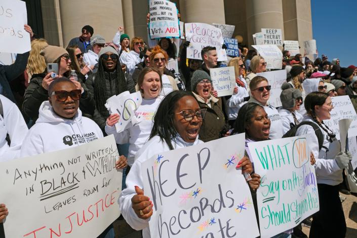Protesters fill the steps on the south side during a rally and walk to the Capitol by Oklahoma Providers for Privacy to remove mental health from the Health Information Exchange mandate, Saturday, March 178 2023