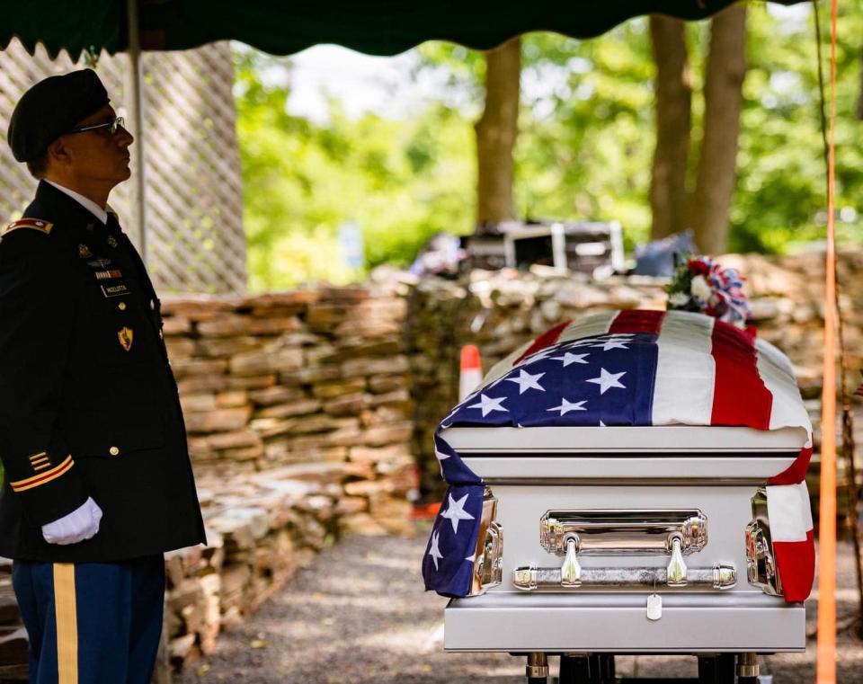 Army Air Force Staff Sgt. Michael Uhrin lying in state at Metuchen Memorial Park. Uhrin was killed Oct. 14, 1943, during the Schweinfurt Raid over Germany in World War II.