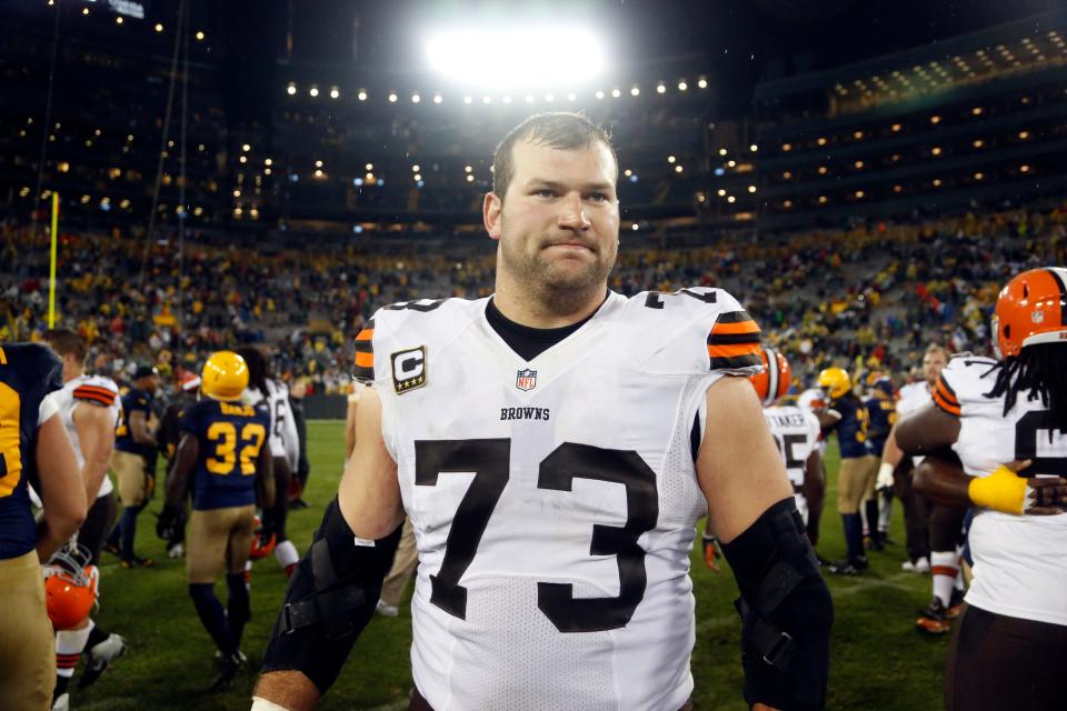 In this Oct. 20, 2013, file photo, Cleveland Browns' Joe Thomas walks off the field after an NFL football game against the Green Bay Packers in Green Bay, Wis.