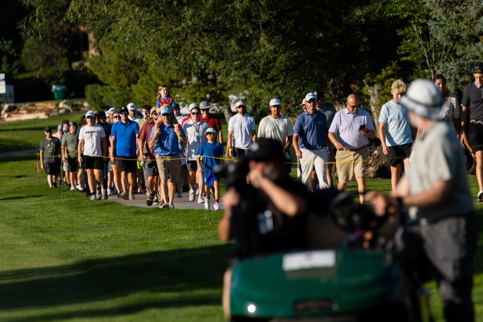 A crowd of people follow Roger Sloan on the golf course during the Utah Championship, part of the PGA Korn Ferry Tour, at Oakridge Country Club in Farmington on Sunday, Aug. 6, 2023. | MEGAN NIELSEN, Megan Nielsen, Deseret News