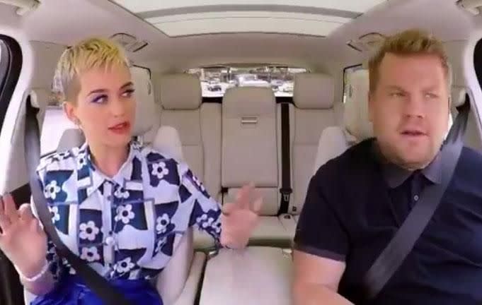 Katy Perry chats to James Corden about her feud with Taylor Swift. Source: The Late Late Show With James Corden