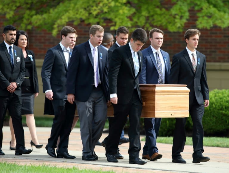 Pallbearers carry the remains of Otto Warmbier out of Wyoming High School in Wyoming, Ohio, following the funeral for the 22-year-old US student who died after being held in North Korea