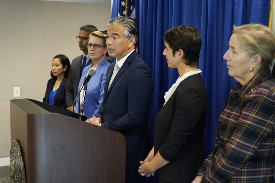 California Attorney General Rob Bonta answers question during a news conference in San Francisco, Wednesday, Sept. 14, 2022. California's attorney general said Wednesday that he has sued online retail giant Amazon, alleging the company's policies drive up consumers' prices. (AP Photo/Eric Risberg)