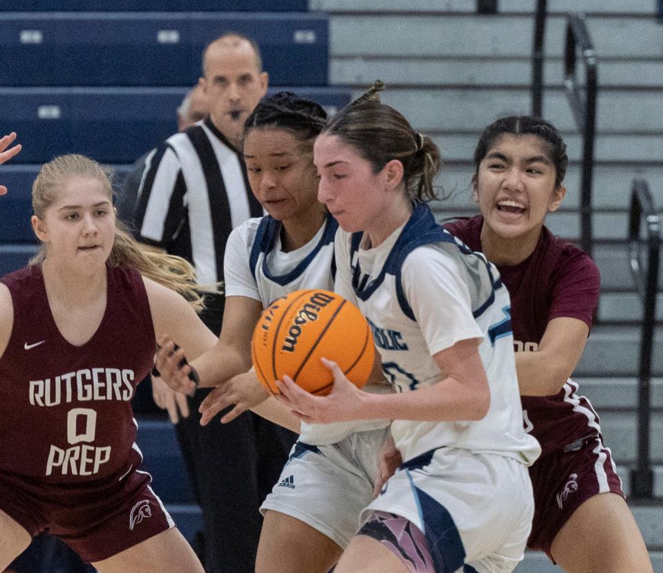 Morris Catholic sophomore Daniella Matus tries to work in towards basket in first-half action. Rutgers Prep Girls Basketball  vs Morris Catholic in Non-Public B Girls Championship in Toms River on March 5, 2023.