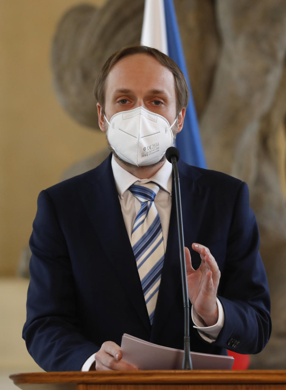 Czech Republic's newly appointed Foreign Minister Jakub Kulhanek addresses media at the Cernin's Palace in Prague, Czech Republic, Wednesday, April 21, 2021. Kulhanek was appointed during a Czech Russia diplomatic crisis over the alleged involvement in a fatal ammunition depot explosion in 2014. (AP Photo/Petr David Josek)