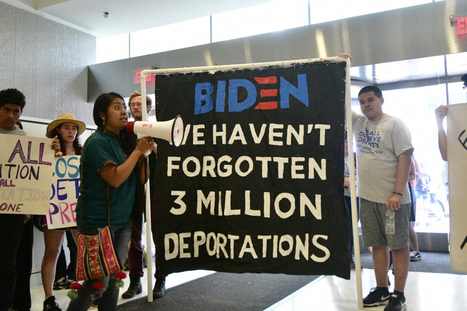 During a rally in July 2019, immigration activists reminded the campaign of then presidential hopeful Joe Biden of the more than 3 million deportations that were carried out during the Obama administration. / Credit: NurPhoto