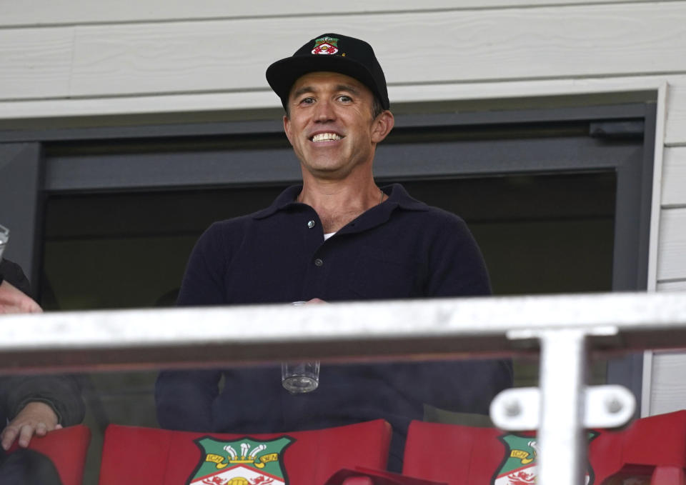 Wrexham co-owner Rob McElhenney in the stands ahead of the National League soccer match between Wrexham and Boreham Wood at The Racecourse Ground, in Wrexham, Wales, Saturday April 22, 2023. (Martin Rickett/PA via AP)