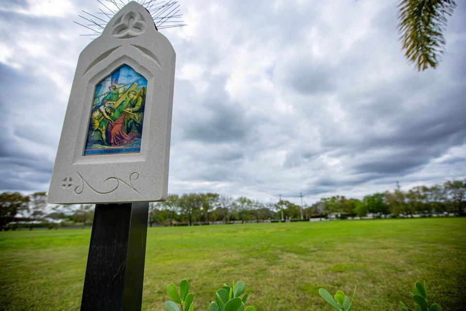 View of religious signage at St. Therese De Lisieux church at 11800 Lake Worth Road on February 22, 2024, in Wellington. The church is selling 22 of 39 acres to a developer.