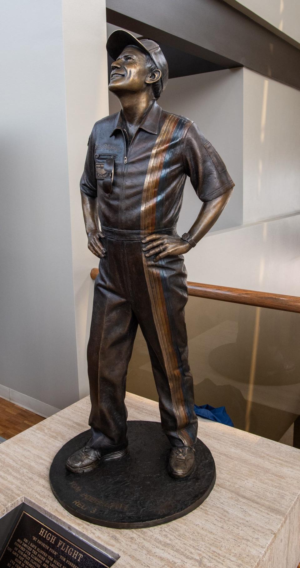 Full-size bronze sculpture of the late Tom Poberezny, longtime EAA president, which was unveiled July 24, 2023, at the EAA Aviation Museum in Oshkosh, Wisconsin.