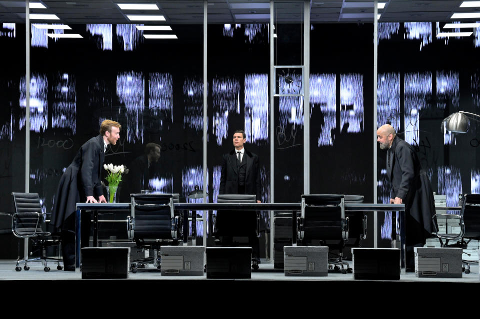 John Heffernan, Aaron Krohn and Howard W. Overshown in ‘The Lehman Trilogy’. Photo by Kevin Berne