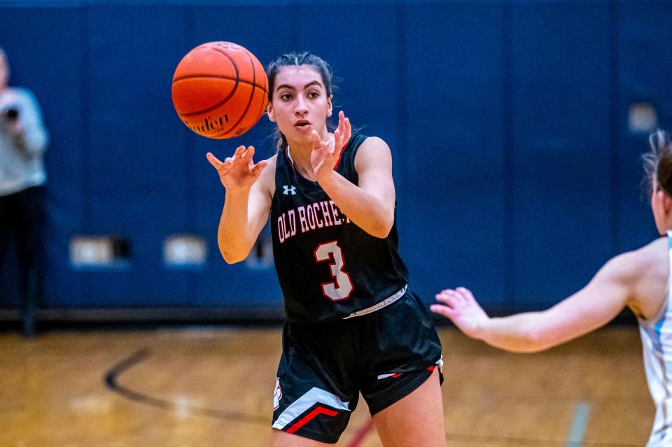 Old Rochester's Logan Fernandes moves the ball around the court.