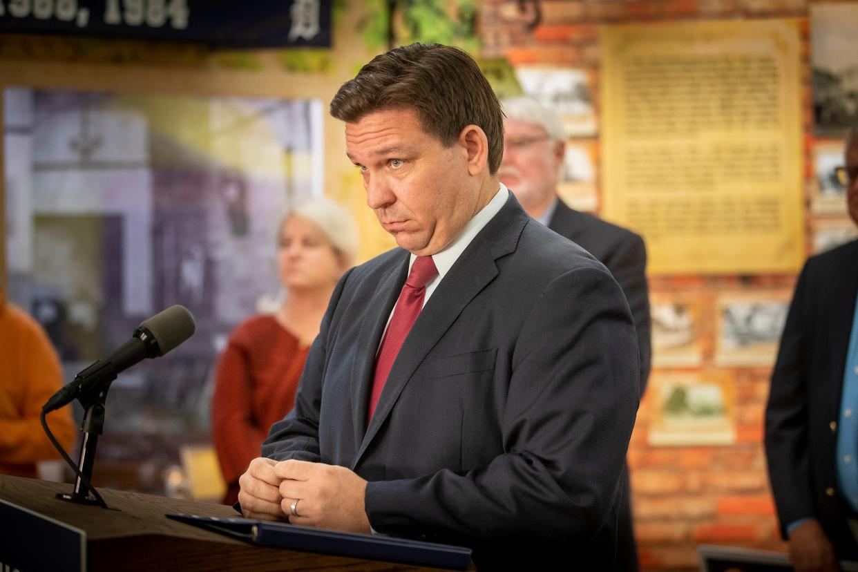 Florida Governor Ron DeSantis ponders a reporters question  during a press conference at the Bartow History Center in Bartow Fl. Tuesday February 8,  2022.  ERNST PETERS/ THE LEDGER
